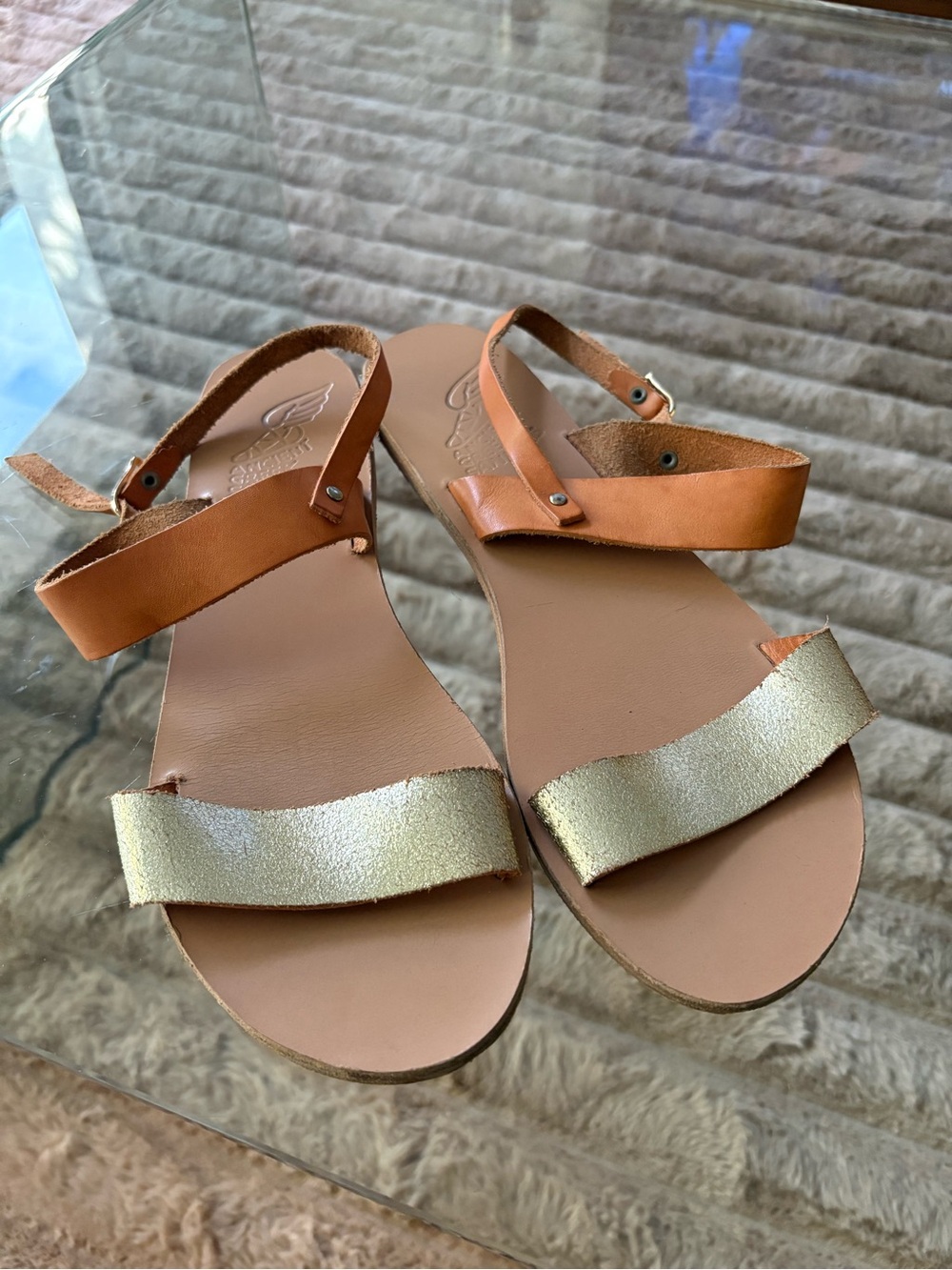 Ancient Greek Sandals Tan and Gold Leather Ankle-Strap Sandals